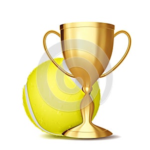 Tennis Award Vector. Tennis Ball, Golden Cup. For Sport Promotion. Tournament, Championship Flyer Design. Tennis Club