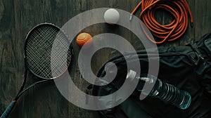 Sports Gear Flat Lay Tennis Racket, Balls, Jump Rope, Water Bottle, and Bag on Wood