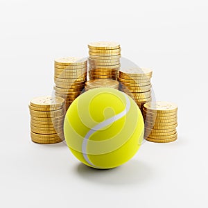 Tennis Ball ahead of Stacks of Coins on Light Gray Background