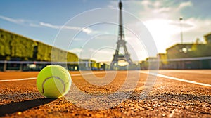 Tennis ball on court with Eiffel Tower in soft focus behind. Major sporting events, Olympics in Paris