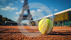 Tennis ball on court with Eiffel Tower in soft focus behind. Major sporting events, Olympics in Paris
