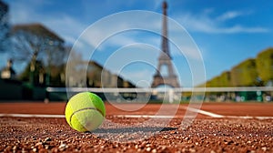 Tennis ball on court with Eiffel Tower in soft focus behind. Major sporting events, Olympics in Paris