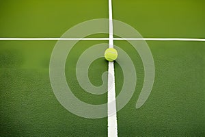 Tennis ball, court and green line texture between grass and lawn without people. Sports, empty sports training ground