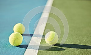 tennis ball, court and turf for fitness, training or health as athlete or workout, game or serve. Sports equipment