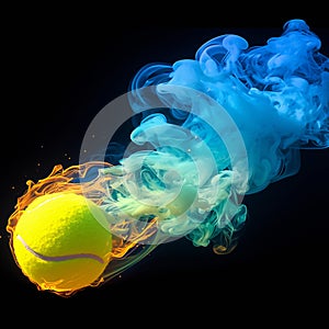 Tennis ball emits colorful smoke, symbolizing creativity and athleticism