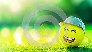 Tennis ball in the form of smiley face like emoji against blurred green landscape background