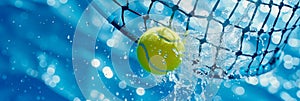 Tennis ball frozen mid air at net, showcasing precision in summer olympic sport concept photo