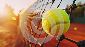 Tennis ball hitting net frozen in motion, showcasing precision summer olympics sports concept