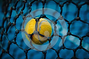 Tennis ball impacting net in close up, emphasizing precision summer olympics sports concept photo