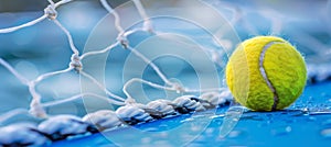 Tennis ball impacting net frozen motion captures precision in summer olympic sport photo