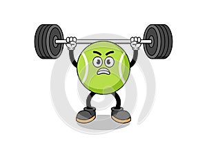 tennis ball mascot cartoon lifting a barbell