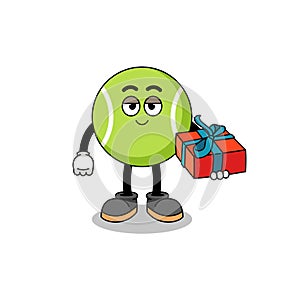 tennis ball mascot illustration giving a gift