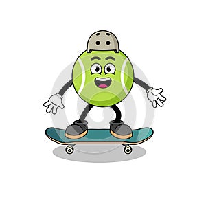 tennis ball mascot playing a skateboard