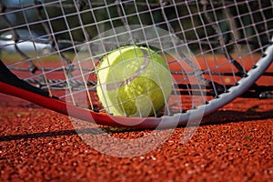 Tennis ball, racket and line on an outdoor court