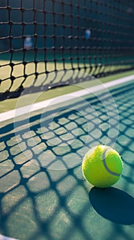 Tennis ball rests on white line beside net on court