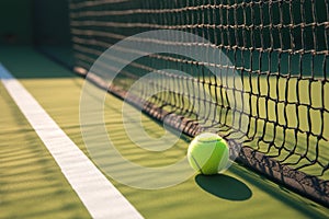 Tennis ball rests on white line beside net on court