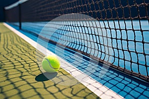 Tennis ball rests on white line beside net on court