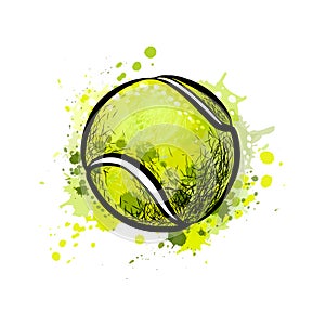 Tennis ball from a splash of watercolor, hand drawn sketch