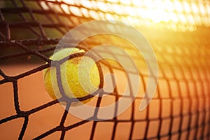 Tennis ball in the tennis net photo
