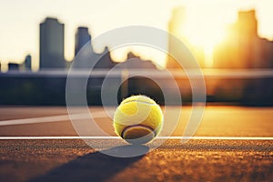 Tennis ball under late evening sunlight in a public tenniscourt in a big city