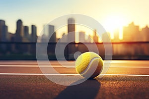 Tennis ball under late evening sunlight in a public tenniscourt in a big city