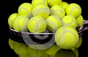 Tennis balls collected on tennis racket