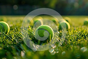 Tennis balls lying in the green grass illuminated by the rays of the evening or morning sun. Ai generated