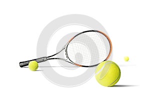 Tennis balls and racquet isolated the white background