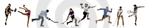 Tennis, basketball, soccer football, floorball, golf players, runner and gymnast in motion isolated on white background