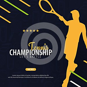 Tennis Championship banner, design with player and racquet on dark background. Vector illustration.