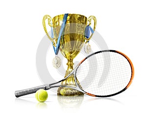 Tennis championship trophy. Golden champion cup isolated on white background. Sport award. Victory concept. Tennis ball with a
