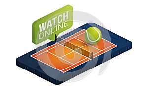 Tennis clay court on phone screen online concept vector flat isometric illustration. Online tennis flat isometric vector concept