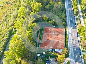 Tennis Clay Court. View from the bird\'s flight. Aerial photography