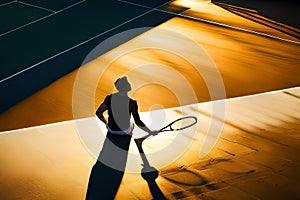 A tennis court bathed in the warm glow of sunset, casting long shadows as players compete