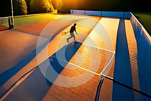 A tennis court bathed in the warm glow of sunset, casting long shadows as players compete