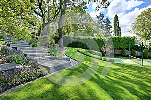 Tennis court with house landscape and bright green grass.