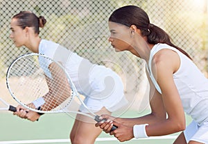 Tennis, doubles match and focus women ready to start game, competition and tournament play in Melbourne, Australia