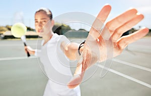 Tennis game, sports and hand of woman ready to start fitness, workout or training exercise for match competition