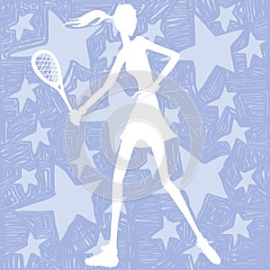 Tennis girl, white silhouette on star background