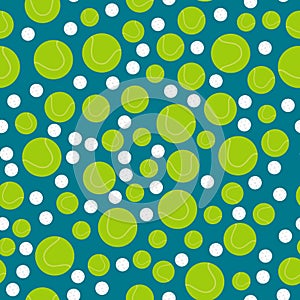 Tennis and golf balls on blue background, vector seamless pattern. Sports inventory backdrop. Wrapping paper design