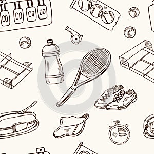 Tennis hand drawn doodle seamless pattern. Sketches. Vector illustration for design and packages product. Symbol
