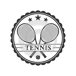 Tennis logo design or icon or badge with two crossed rackets and tennis ball. Vector illustration