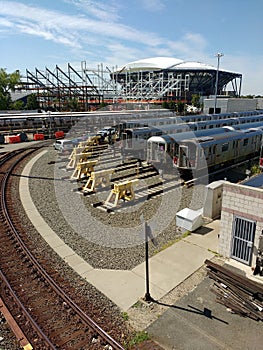 Tennis, Louis Armstrong Stadium Under Construction Aside Arthur Ashe Stadium from Corona Rail Yard, NYC, NY, USA