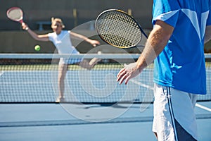 Tennis match, fitness and people in outdoors, competition and playing on court at country club. Athlete, training and