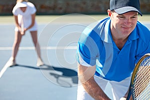 Tennis match, fitness and team in outdoors, competition and playing on court at country club. Couple, training and
