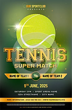 Tennis match poster template with ball and sample text