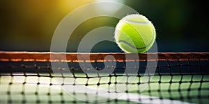 Tennis Match. Yellow Ball On Net on Tennis Court. Competitive Sport Background with Copy Space. AI generated