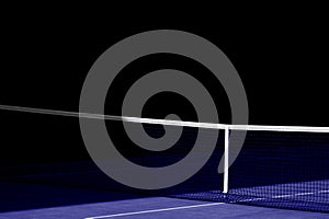Tennis net and blue court. Individual sport. Blue filter