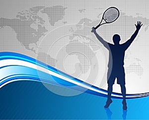 Tennis Player on Abstract Blue Background with Worl Map