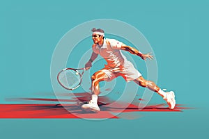 Tennis player in action isolated on blue background. 3d rendering, Tennis players are tackling a shot with rackets, full body,
